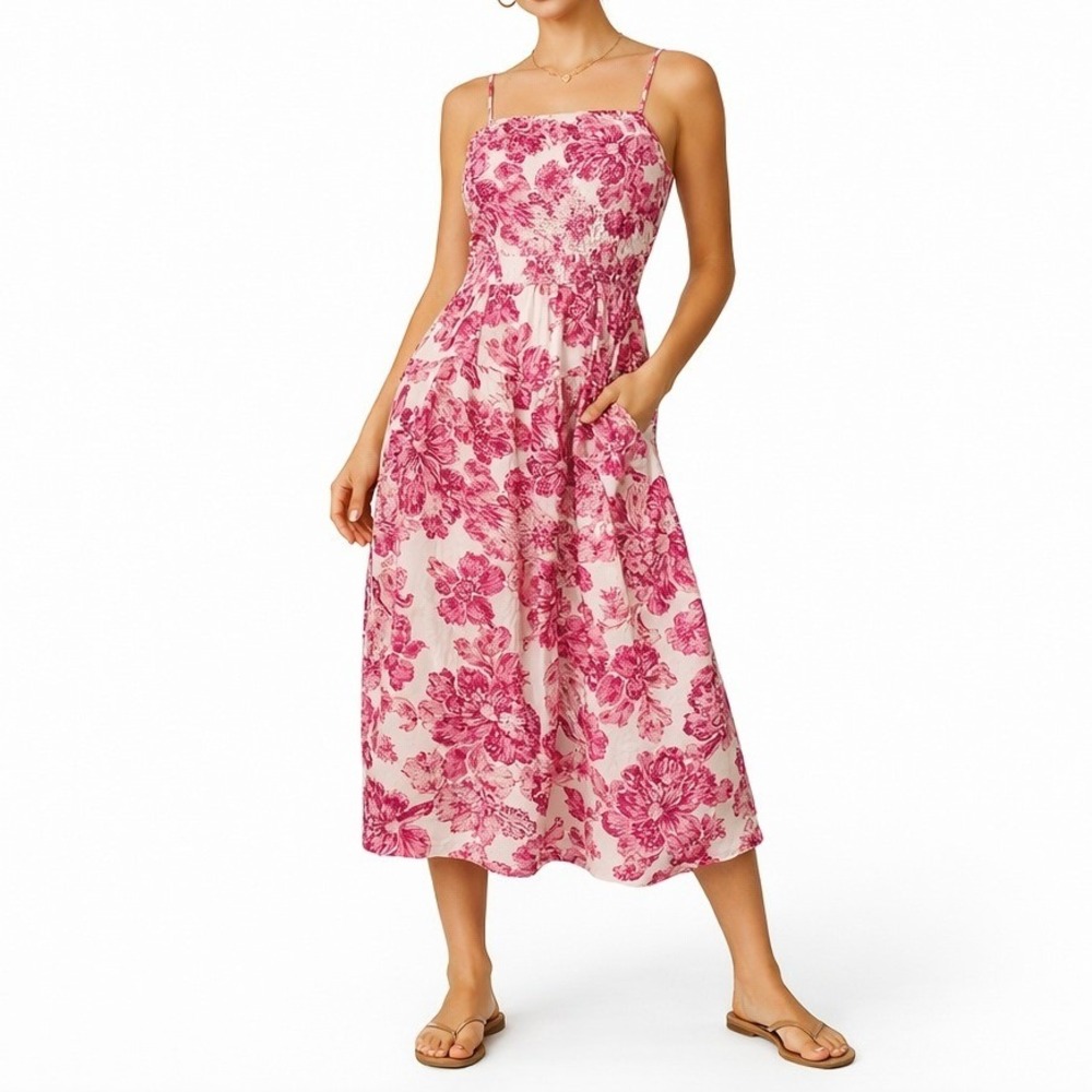 Old Navy Midi Dress Womens XL Floral Linen Blend Smocked Pockets Cottagecore